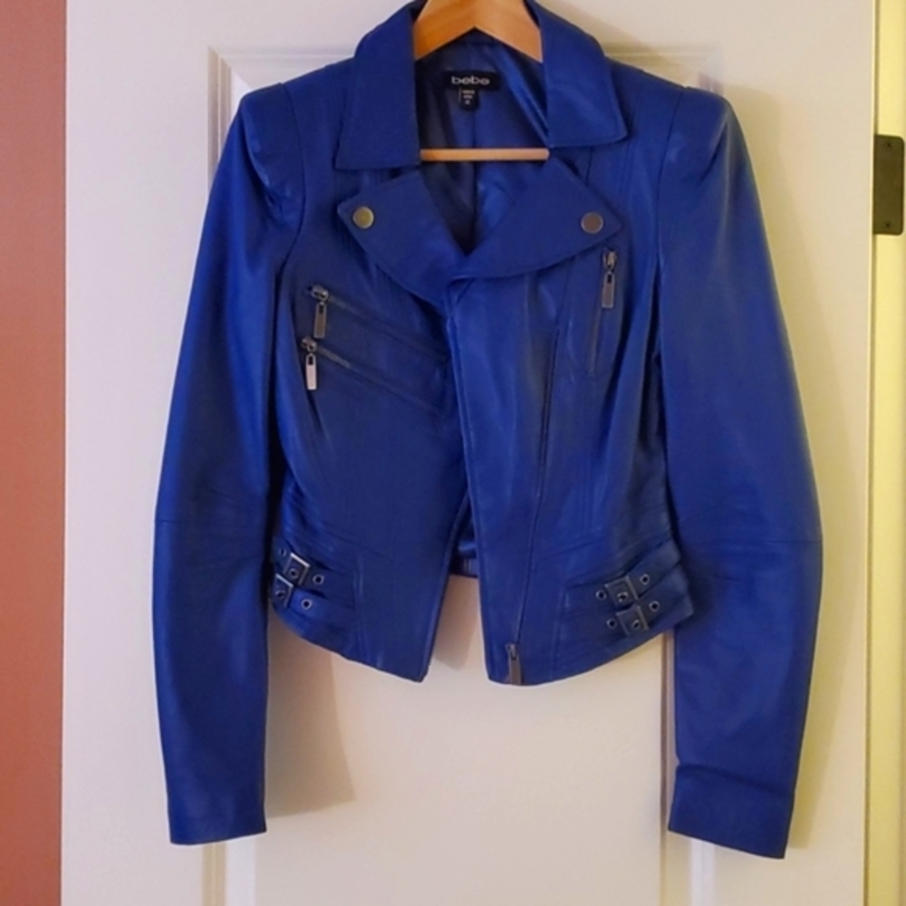 NWOT Bebe Sapphire Blue Leather moto Jacket